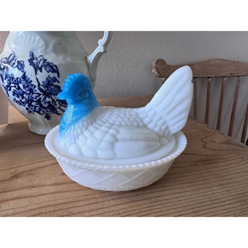 Vintage Milk Glass Hen on Nest Blue Head White Basket Weave Covered Candy Dish